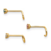 10K Yellow Gold 20 Gauge Set of Three 2.00mm Blue Clear Pink CZ Nose Studs view 2