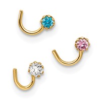 10K Yellow Gold 20 Gauge Set of Three 2.00mm Blue Clear Pink CZ Nose Studs view 3