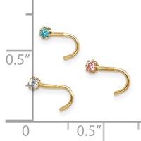 10K Yellow Gold 20 Gauge Set of Three 2.00mm Blue Clear Pink CZ Nose Studs view 4