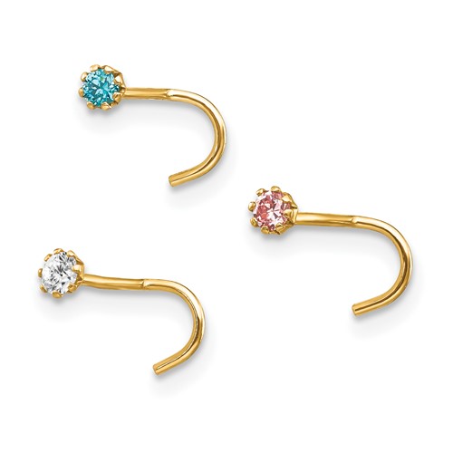 10K Yellow Gold 20 Gauge Set of Three 2.00mm Blue Clear Pink CZ Nose Studs