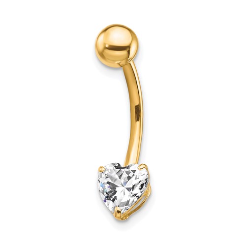 10K Yellow Gold 14 Gauge 6mm CZ Heart Belly Dangle