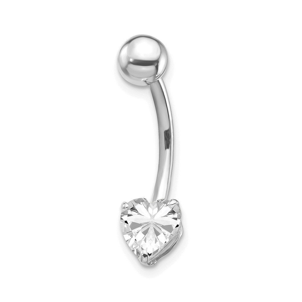 10K White Gold 14 Gauge 6mm CZ Heart Belly Dangle