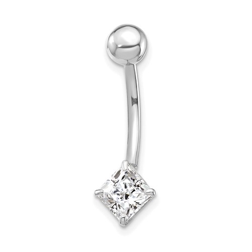 10K White Gold 14 Gauge 5mm Square CZ Belly Dangle