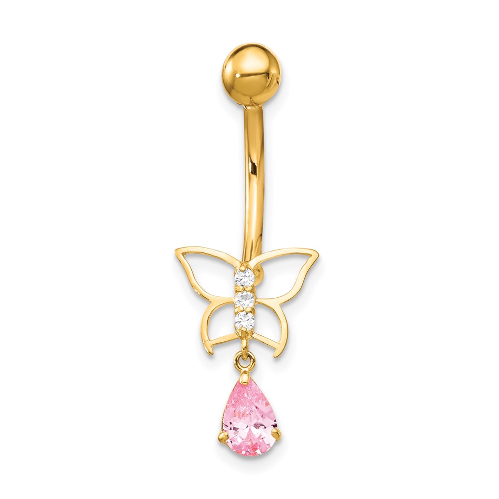 10k W/Dangle Butterfly/Pink Cz Belly Dangle (10BD136)