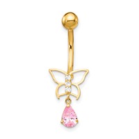 10K Yellow Gold 14 Gauge Dangle Butterfly with Pink CZ Belly Dangle view 3