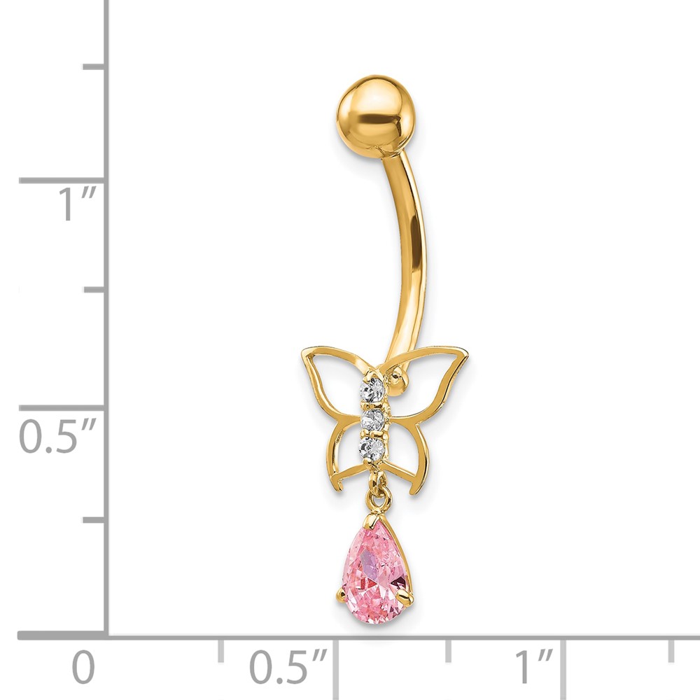 10k W/Dangle Butterfly/Pink Cz Belly Dangle (10BD136)