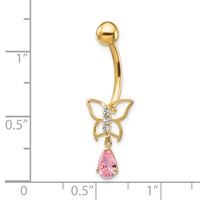 10K Yellow Gold 14 Gauge Dangle Butterfly with Pink CZ Belly Dangle view 4