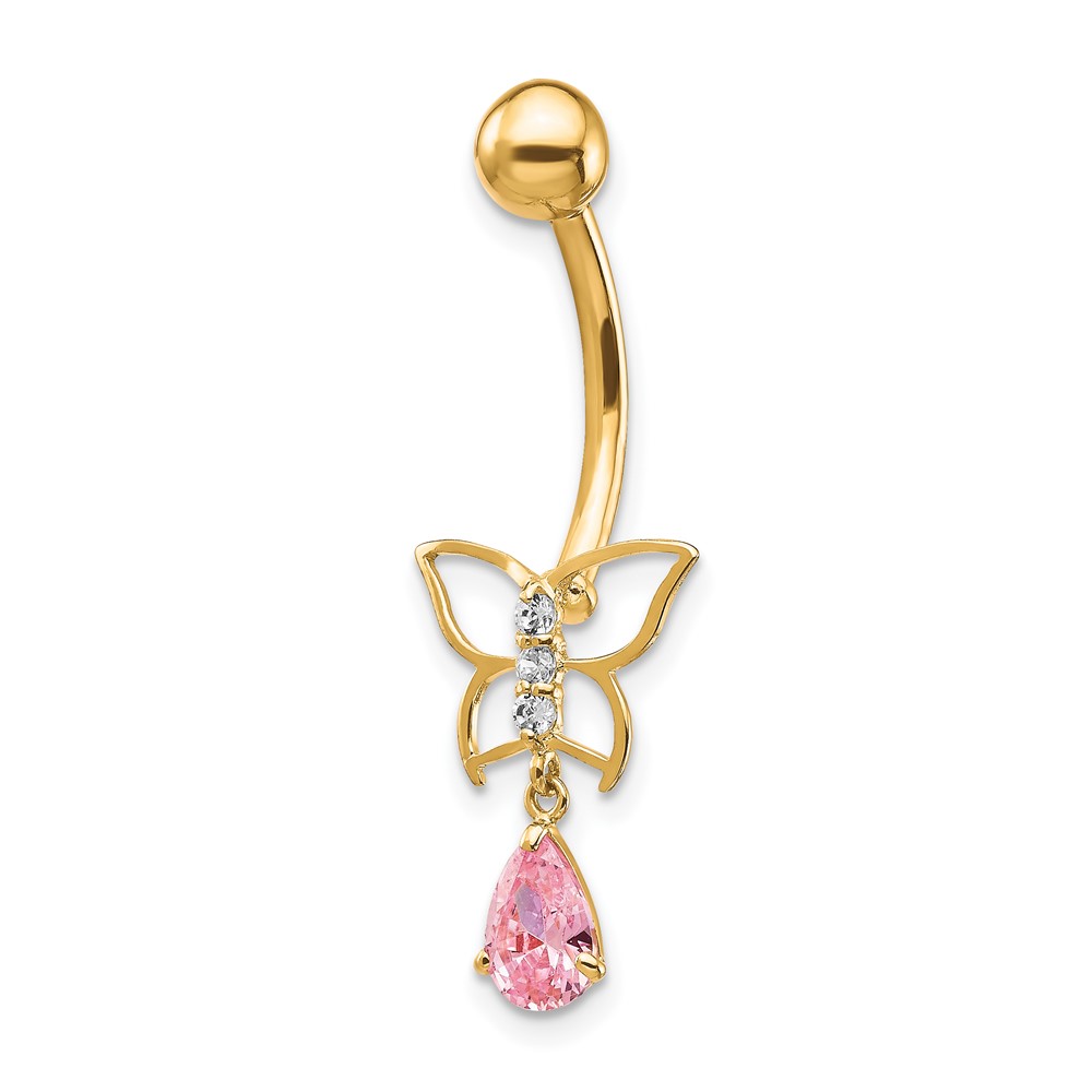 10k W/Dangle Butterfly/Pink Cz Belly Dangle (10BD136)
