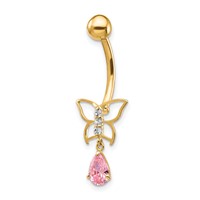 10K Yellow Gold 14 Gauge Dangle Butterfly with Pink CZ Belly Dangle view 1