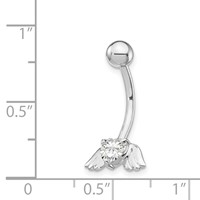 10K White Gold 14 Gauge CZ Heart with Angel Wings Belly Dangle view 3