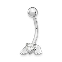 10K White Gold 14 Gauge CZ Heart with Angel Wings Belly Dangle view 1