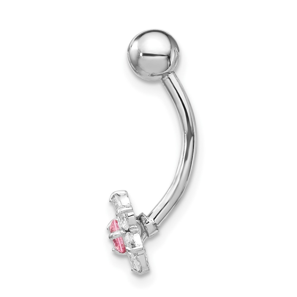 10k White Gold W/Cz Flower Pink Center Belly Dangle (10BD139)