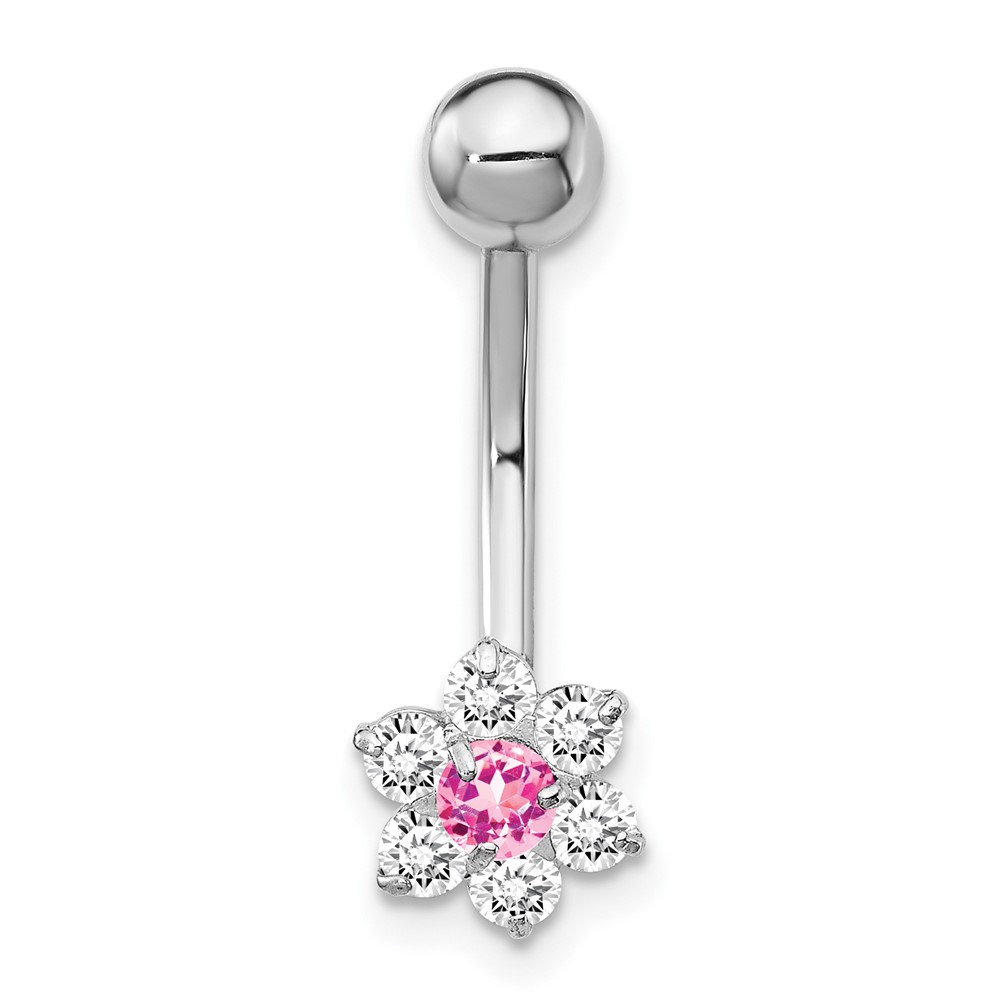 10k White Gold W/Cz Flower Pink Center Belly Dangle (10BD139)