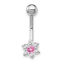 10K White Gold 14 Gauge CZ Flower with Pink Center Belly Dangle view 3