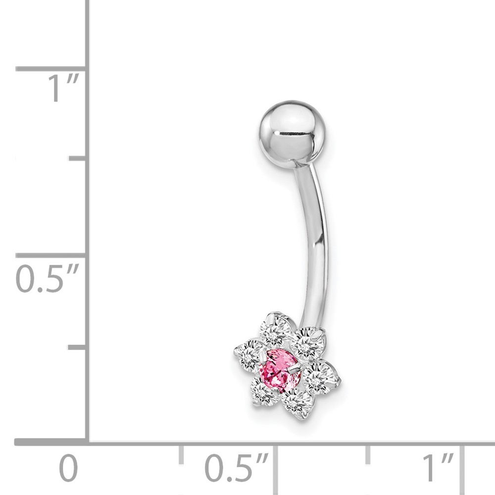 10k White Gold W/Cz Flower Pink Center Belly Dangle (10BD139)