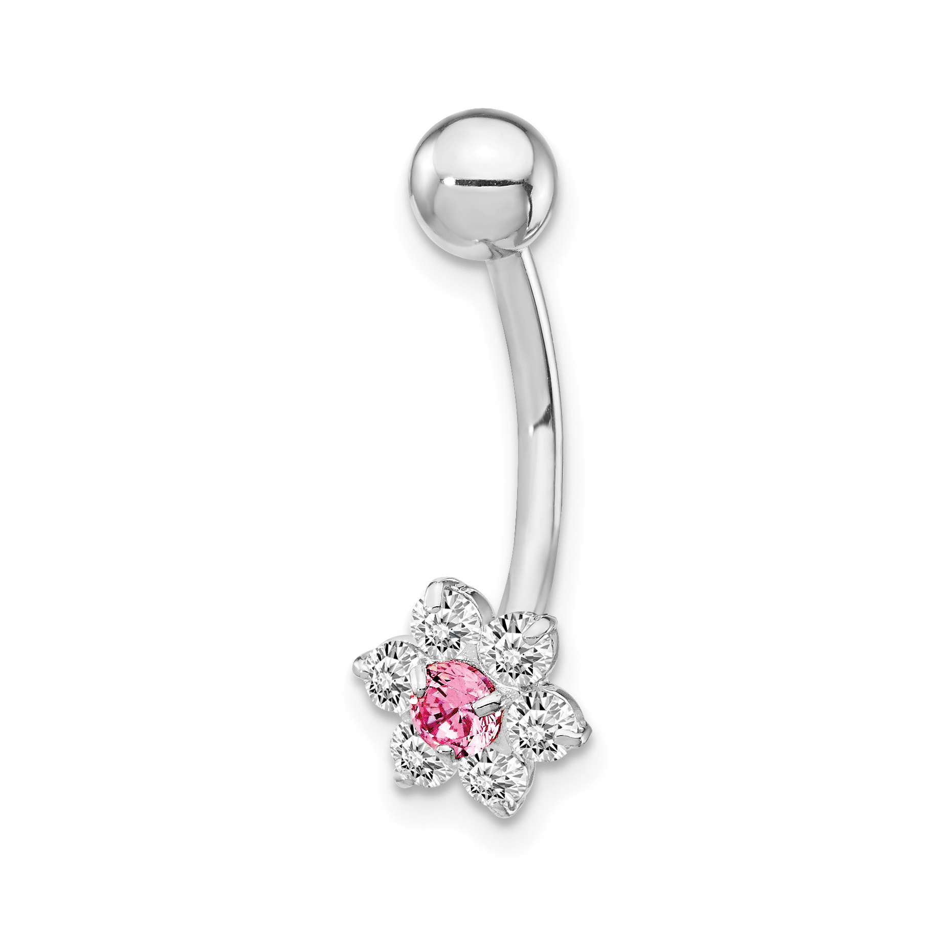 10k White Gold W/Cz Flower Pink Center Belly Dangle (10BD139)