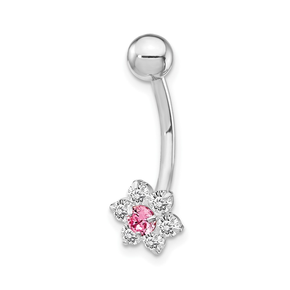 10k White Gold W/Cz Flower Pink Center Belly Dangle (10BD139)