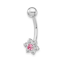 10K White Gold 14 Gauge CZ Flower with Pink Center Belly Dangle view 1