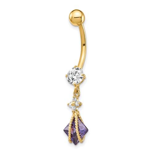 10K Square Amethyst and CZ Belly Dangle