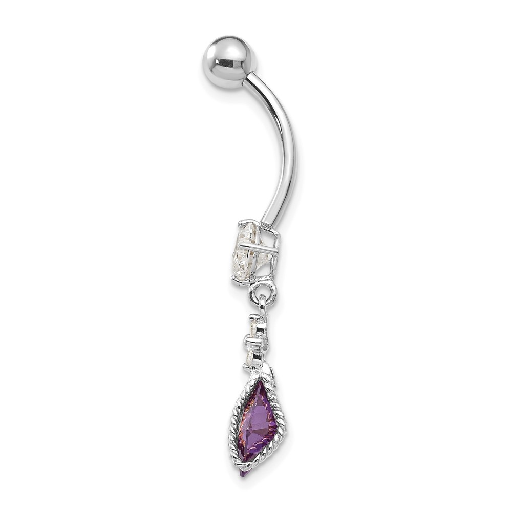 10k White Gold Square Amethyst CZ Belly Dangle (10BD146)