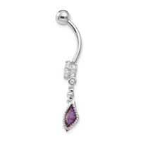 10K White Gold Square Amethyst and CZ Belly Dangle view 2