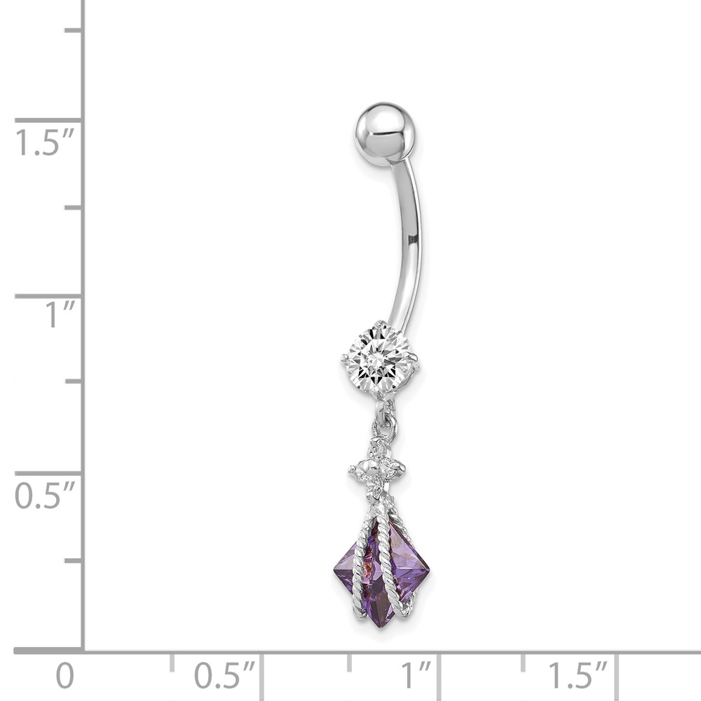 10k White Gold Square Amethyst CZ Belly Dangle (10BD146)