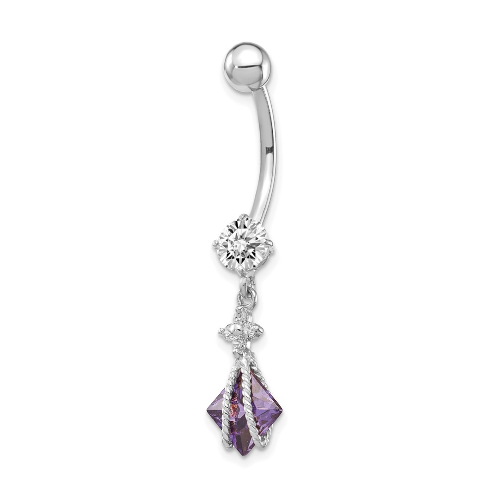 10k White Gold Square Amethyst CZ Belly Dangle (10BD146)
