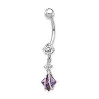 10K White Gold Square Amethyst and CZ Belly Dangle view 1