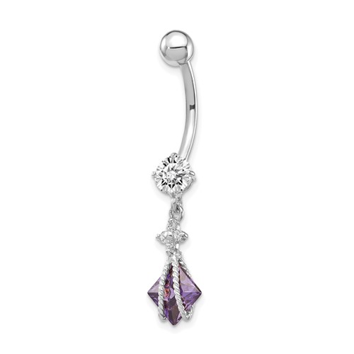 10K White Gold Square Amethyst and CZ Belly Dangle