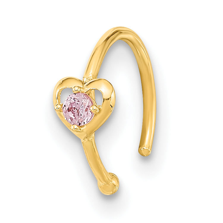 10K 20 Gauge Hoop with Heart CZ Nose Ring Body Jewelry (10BD194)