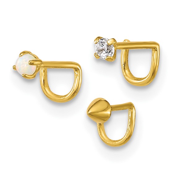 "10k Polished 22 Gauge Set of Three CZ, Lab Created Opal and Spike Nose Studs"