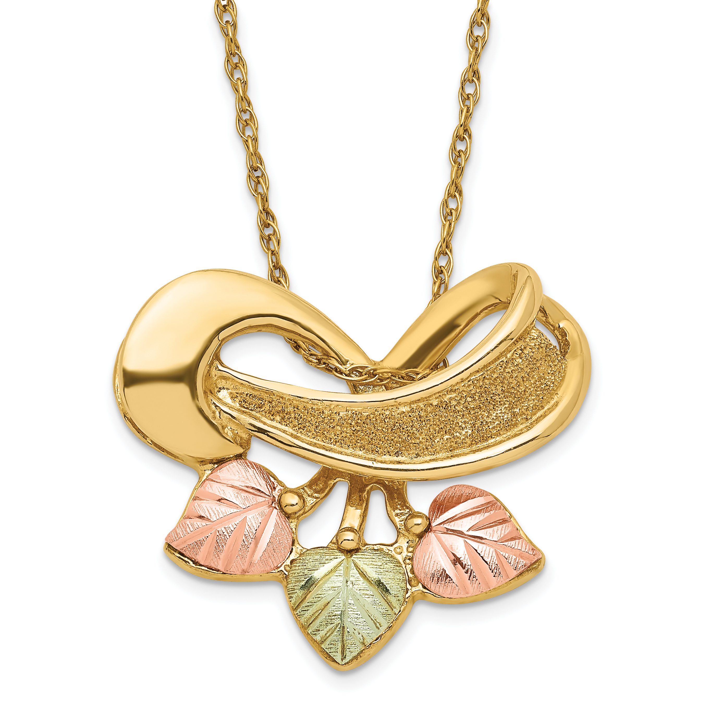 10K Tri-color Gold Black Hills Gold Textured Leaf Chain Slide Necklace
