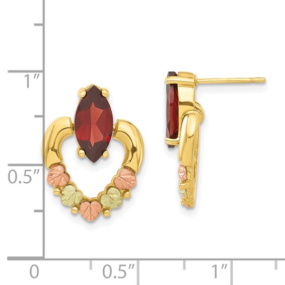 10k Tri-color Black Hills Gold Leaf Heart Garnet Dangle Earrings