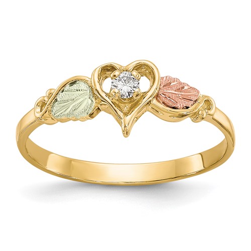 10K and 12K Tri-color Black Hills Gold 0.05 Carat Diamond and Leaves Heart Ring