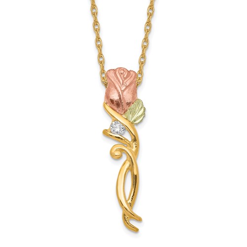 10K and 12K Tri-color Black Hills Gold 0.05 Carat Diamond Long-stemmed Rose 14K Gold-filled Chain Necklace, 18"