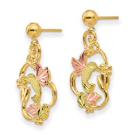 10K and 12K Tri-color Black Hills Gold Hummingbird Earrings with Flower and Leaves Dangle Post view 2