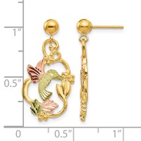 10K and 12K Tri-color Black Hills Gold Hummingbird Earrings with Flower and Leaves Dangle Post view 4