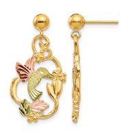 10K and 12K Tri-color Black Hills Gold Hummingbird Earrings with Flower and Leaves Dangle Post view 1