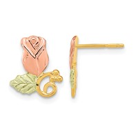 10K and 12K Tri-color Black Hills Gold Rosebud and Leaf Post Earrings view 1