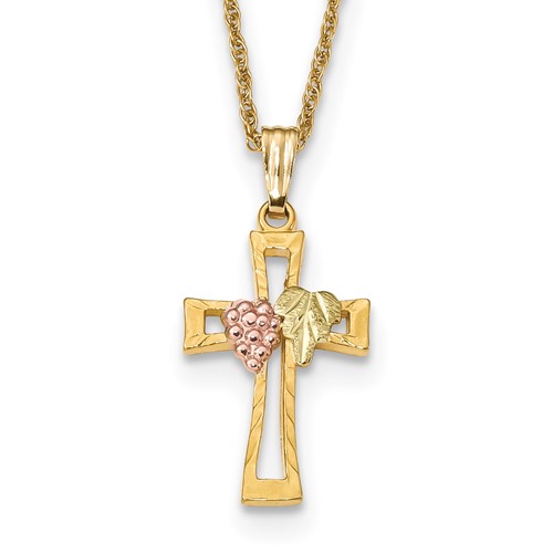 10K and 12K Tri-color Black Hills Gold Grapes and Leaf on Cross 14K Gold-filled Chain Necklace, 18"