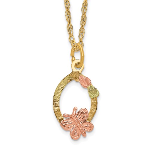 10K and 12K Tri-color Black Hills Gold Butterfly and Leaves on Oval 14K Gold-filled Chain Necklace, 18"