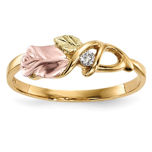 10K and 12K Tri-color Black Hills Gold 0.05 Carat Diamond Rosebud and Leaf Ring