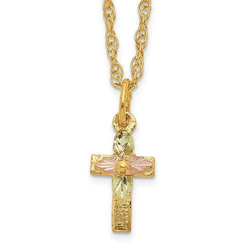 10K and 12K Tri-color Black Hills Gold Leaves on Small Cross 14K Gold-filled Chain 18 Inch Necklace