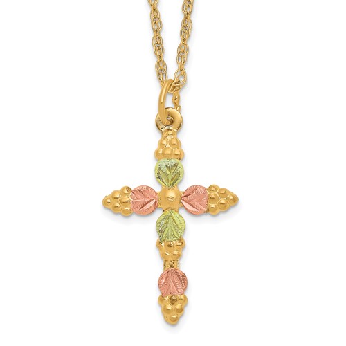 10K and 12K Tri-color Black Hills Gold Grapes and Leaves Cross 14K Gold-filled Chain Necklace, 18"