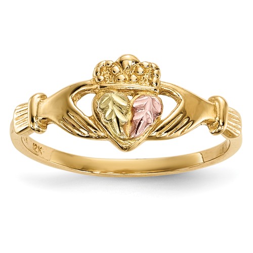 10K and 12K Tri-color Black Hills Gold Leaves on Heart Claddagh Ring