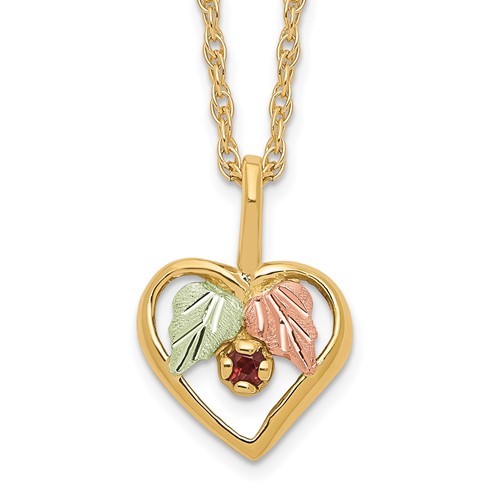 10K and 12K Tri-color Black Hills Gold Garnet and Leaves in Heart 14K Gold-filled Chain Necklace, 18"