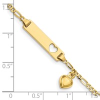 10K Yellow Gold Polished Solid Chain Solid Plate Cut-out Heart Bracelet with Puffed Heart Dangle Figaro Link 21x5mm Plate ID - 6in view 3