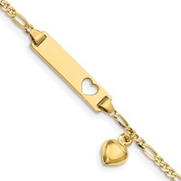 10K Yellow Gold Polished Solid Chain Solid Plate Cut-out Heart Bracelet with Puffed Heart Dangle Figaro Link 21x5mm Plate ID - 6in view 1