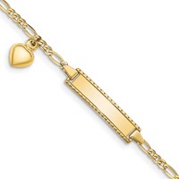 10K Yellow Gold Polished Solid Chain Solid Plate Puffed Heart Dangle Figaro Link 21x 6mm Plate ID Bracelet, 6" view 1