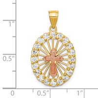 10K Two-tone CZ Cross in Oval Pendant view 3